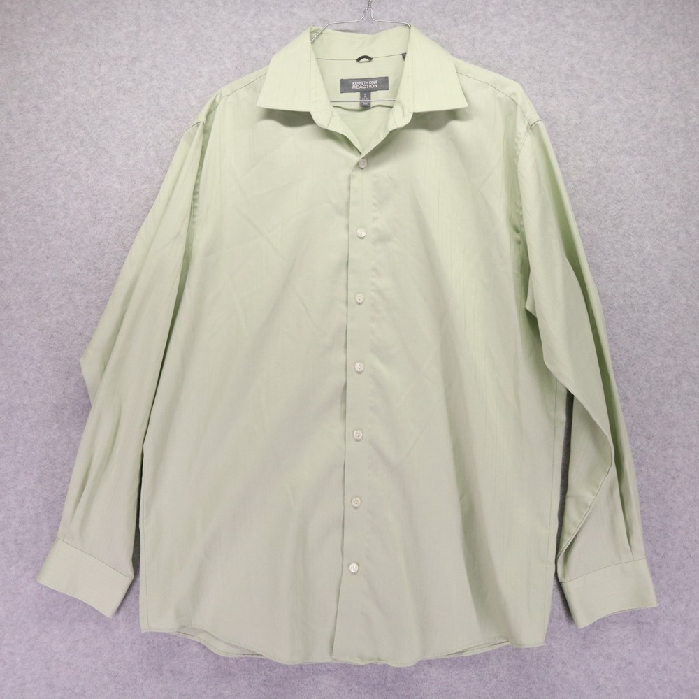 Kenneth Cole Reaction Shirt Mens Large 16 34/35 Button Green Striped Long Sleeve